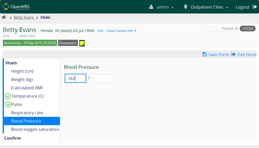 OpenMRS vitals entry screen demonstrating EMR UI