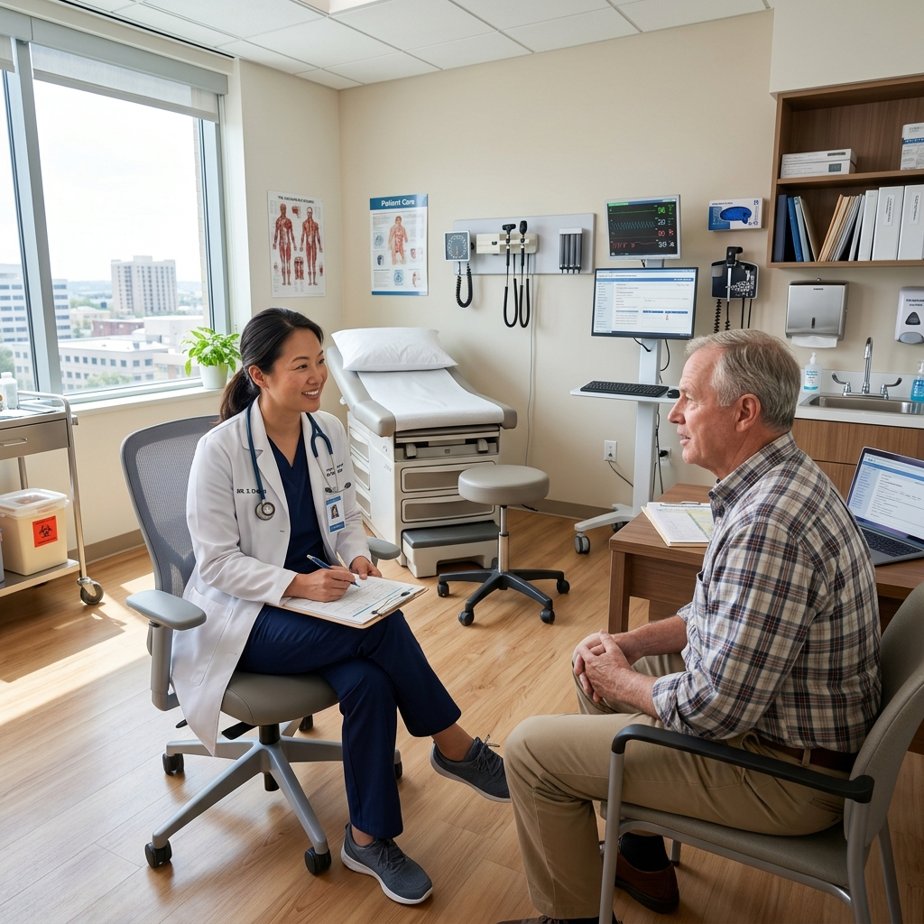 Clinician using AmbiScript with patient in natural light