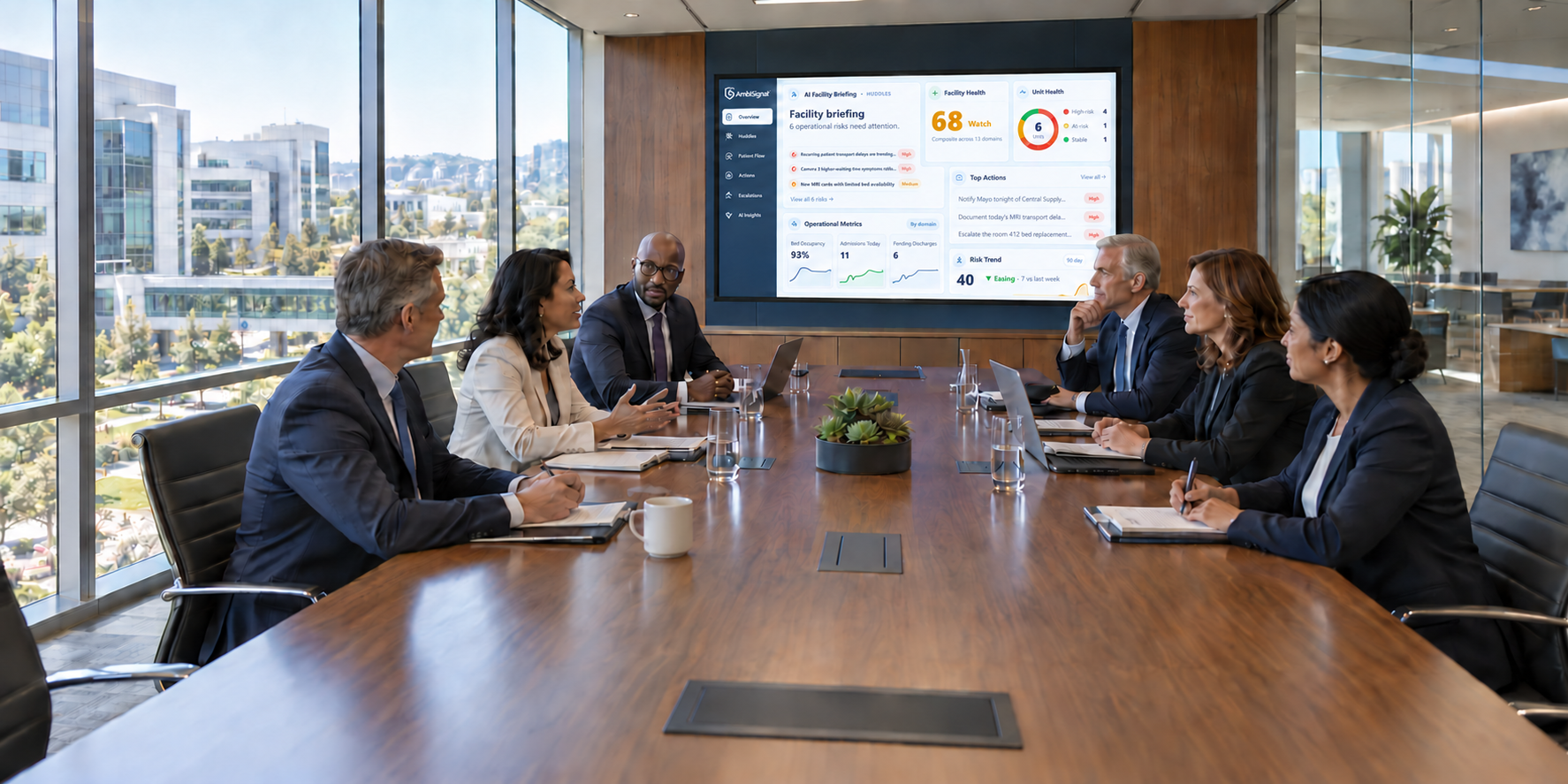 Healthcare leaders reviewing the AmbiSignal dashboard in a boardroom