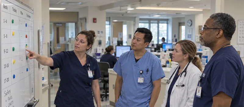 Healthcare team discussing operational issues at a daily huddle