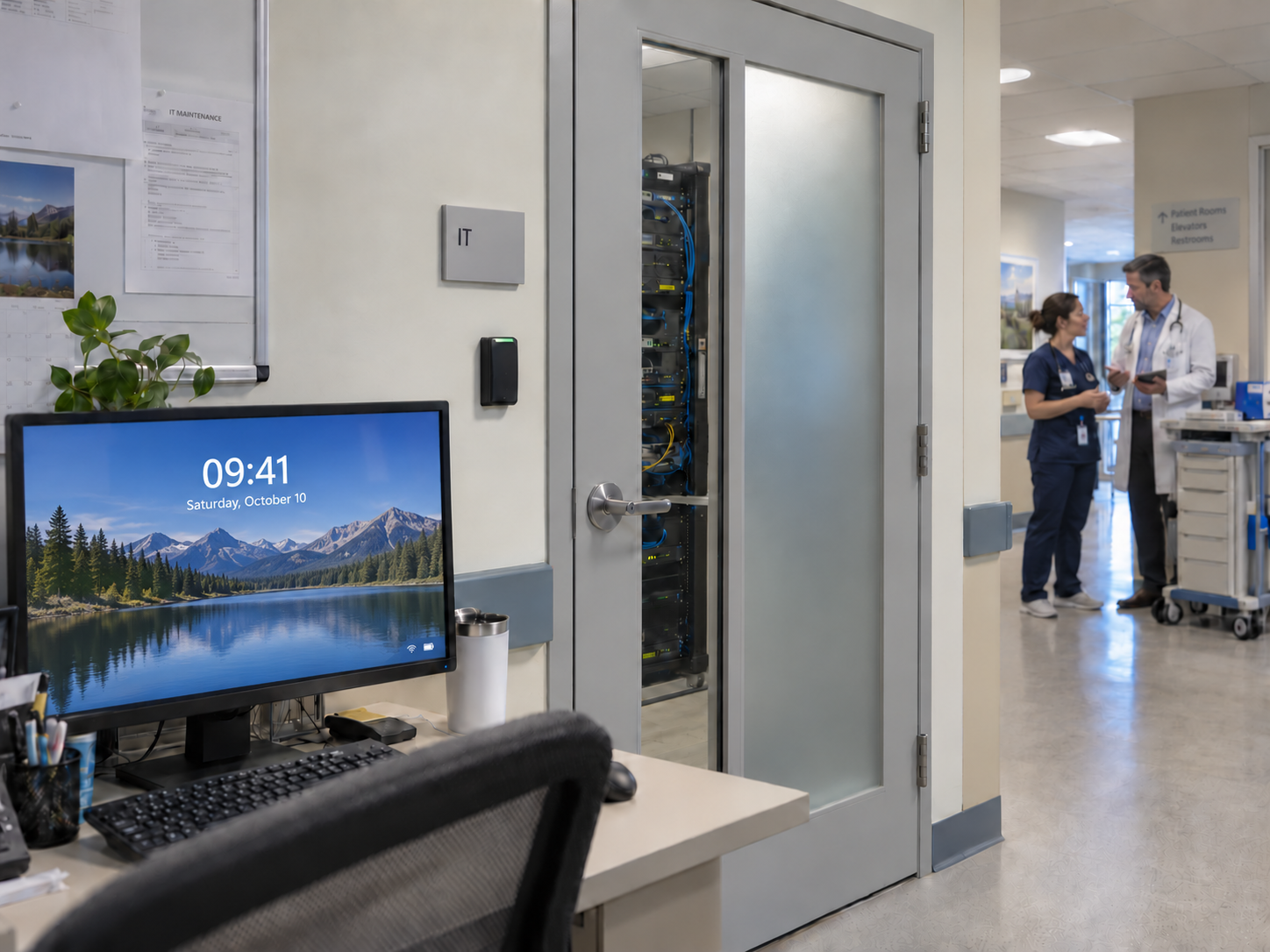 Locked hospital workstation beside a badge-controlled IT room, with clinicians in the corridor